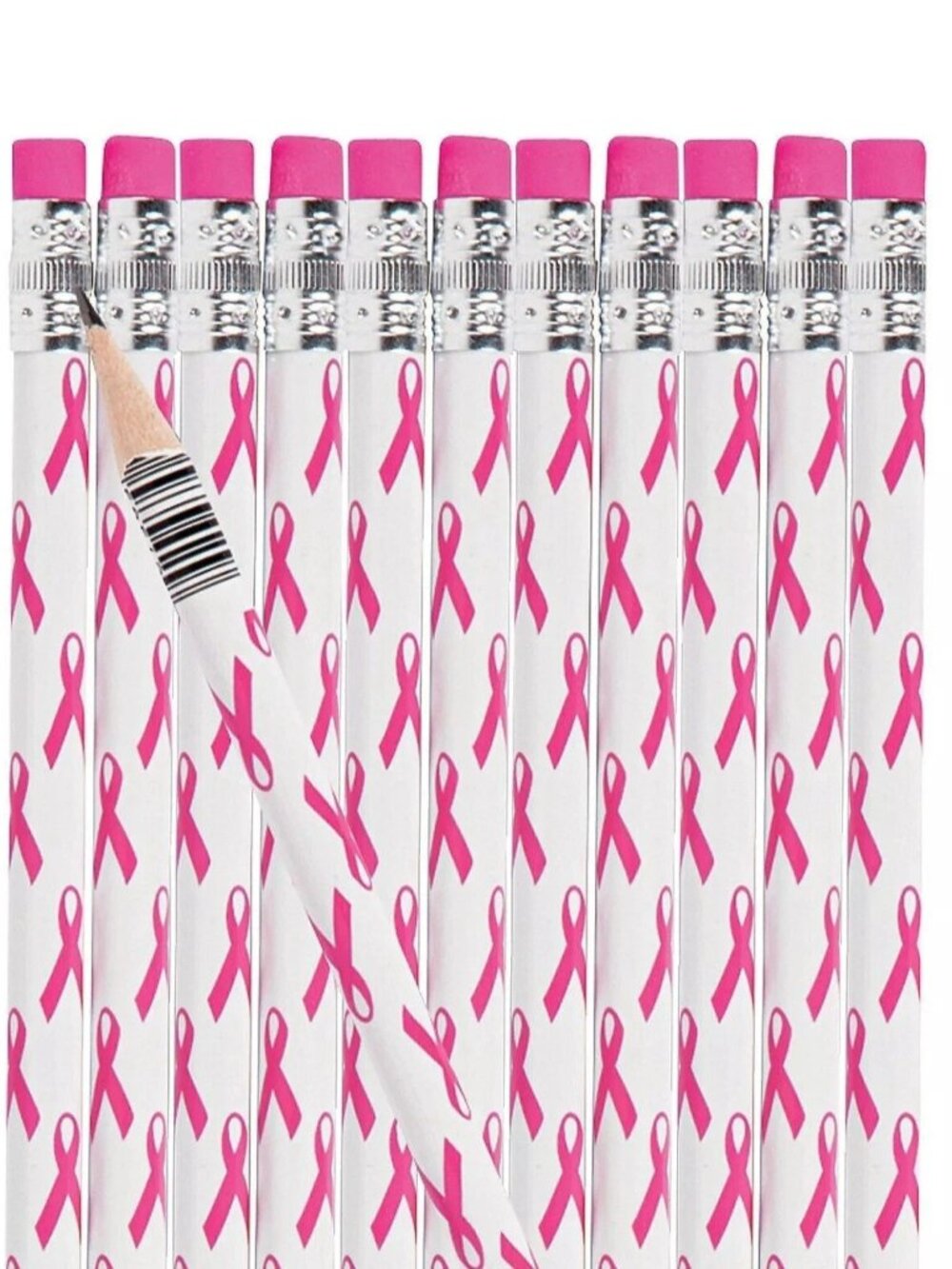 24 Breast Cancer Awareness Pencils White with Pink Ribbon Design
